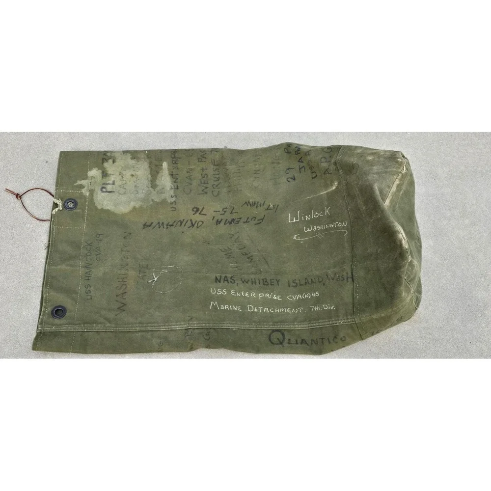 VTG Vietnam War USMC Type I Canvas Duffel Bag Trench Art Sea Bag USS Enterprise